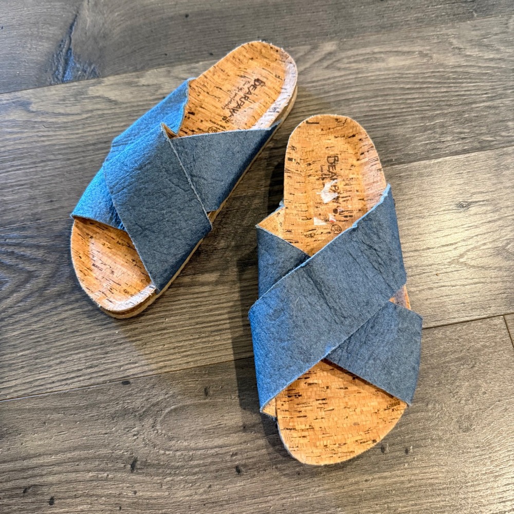Bearpaw Blue Crisscross Cork Footbed‎ Slide Sandals Made in Spain Womens 38 7.5